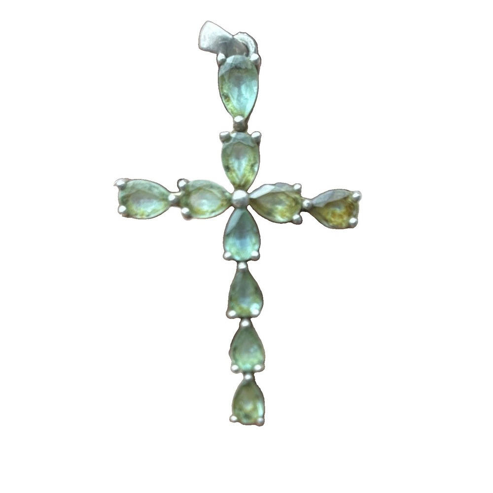 Sterling Silver 925 Cross Pendant Green Pear Stones Prong Set Signed Religious